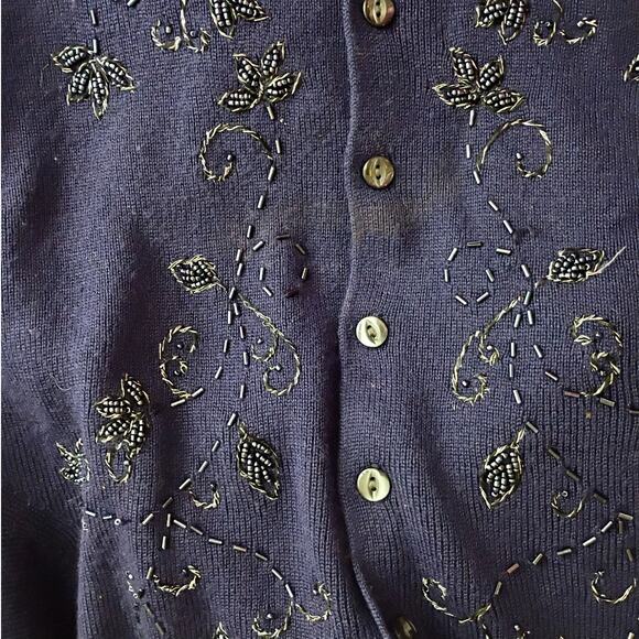 Vtg Petite Sophisticate Beaded Cardigan S Navy Old Money Classic Hong Kong Wool - Picture 7 of 10